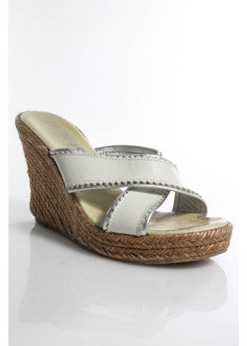 KORS MICHAEL KORS White Leather Silver Trim Espadrilles Wedge Heel Sandals Sz 7