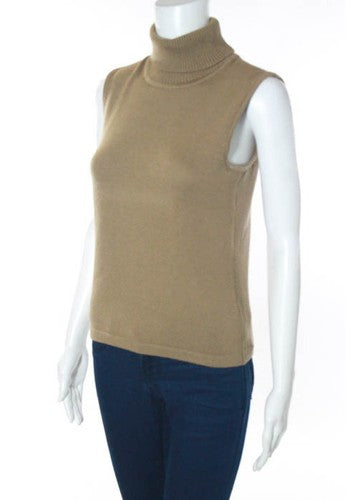 Tahari Brown Wool Sleeveless Turtleneck Slim Fit Sweater Vest Size 6