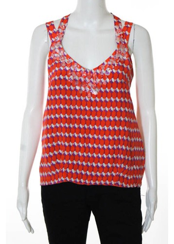 NANETTE LEPORE Red Retro Print Bead Embellishment Double Strap Tank Blouse Sz 6