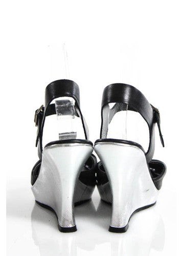 NANETTE LEPORE Black Leather Peep Toe Ankle Strap Wedge Sandals Sz IT 37.5