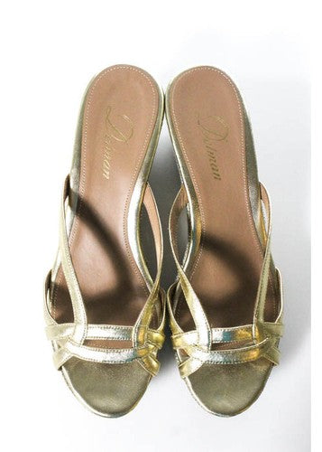 DELMAR Gold Metallic Leather Strappy Open Toe Wedge Platform Sandals Sz 8 IN BOX