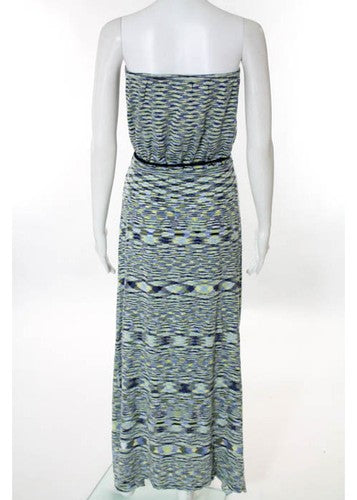 Stacia Blue White Green Bamboo Abstract Print Strapless Maxi Dress Size Large