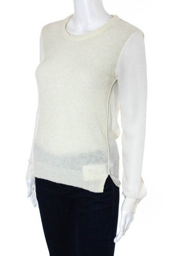 THEORY Cream Wool Blend Front Crew Neck Long Sleeve Silk Paneled Sweater Sz P