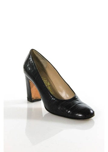 SALVATORE FERRAGAMO Brown Leather Embossed Round Toe Chunky Heel Pumps Sz 6.5