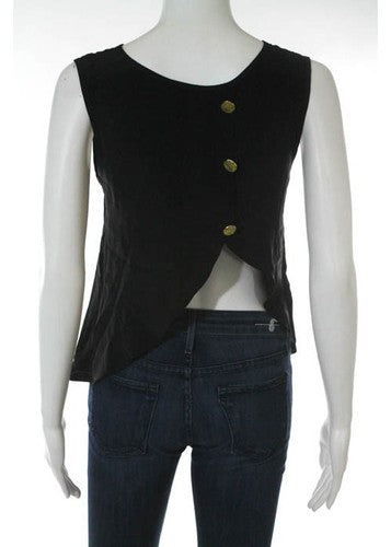AARON ASHE Black Silk Sleeveless Round Gold Tone Button Detail Blouse Sz XS