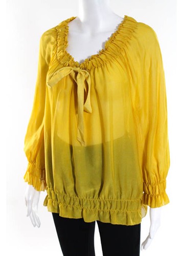TWENTY 8 TWELVE Mustard Long Sleeve Scoop Neck Sheer Bow Detail Blouse Sz S