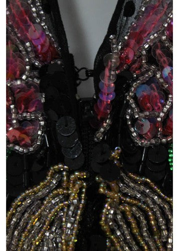 AMEN WENDY Black Silk Sequined Beaded Sheer Top Full Length Dress Sz 4