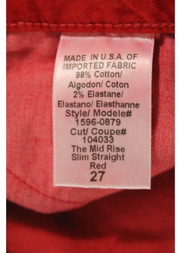 Current Elliot Red Cotton Corduroy Slim Straight Leg Trousers Slacks Size 27
