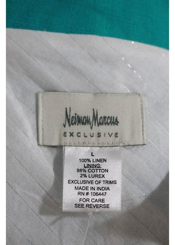 NEIMAN MARCUS Aqua Blue Linen Long Sleeve V Neck Notched Collar Blazer Sz L