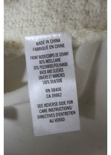 THEORY Cream Wool Blend Front Crew Neck Long Sleeve Silk Paneled Sweater Sz P