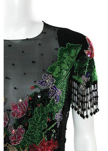 AMEN WENDY Black Silk Sequined Beaded Sheer Top Full Length Dress Sz 4