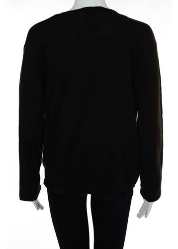 NWT CYNTHIA ROWLEY Dark Brown Long Sleeve Crew Neck Cardigan Wool Sweater Sz L