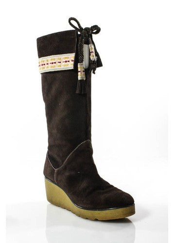 MARC JACOBS Dark Brown Multi-Colored Suede Woven Knit Trim Wedge Boots Sz 40 10