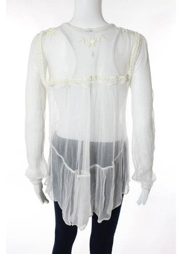 FREE PEOPLE Ivory Sheer Long Sleeve Scoop Neck Button Front Shirt Blouse Sz S