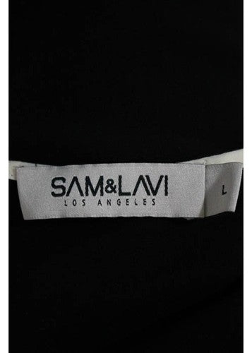 SAM & LAVI Black White Trim V Neck Short Sleeve Asymmetrical Blouse Sz L