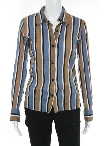 AGAIN Multi Colored Cotton Long Sleeve Button Front Striped Blouse Sz 38
