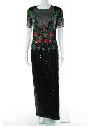 AMEN WENDY Black Silk Sequined Beaded Sheer Top Full Length Dress Sz 4