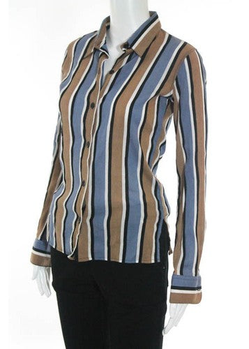 AGAIN Multi Colored Cotton Long Sleeve Button Front Striped Blouse Sz 38