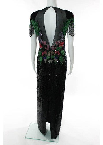 AMEN WENDY Black Silk Sequined Beaded Sheer Top Full Length Dress Sz 4