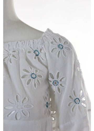 RAFFAELA DANGELO White Cotton Floral Beaded Detail Puff Sleeve Shift Dress Sz XS