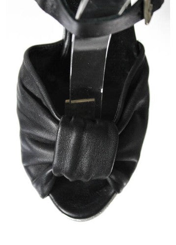 NANETTE LEPORE Black Leather Peep Toe Ankle Strap Wedge Sandals Sz IT 37.5