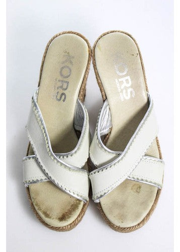 KORS MICHAEL KORS White Leather Silver Trim Espadrilles Wedge Heel Sandals Sz 7