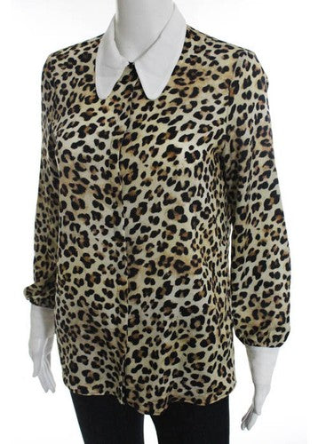 Trafaluc Brown White Leopard Print Long Sleeve Button Down Blouse Size Small
