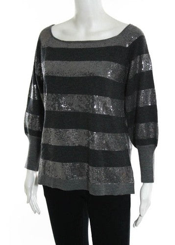 Alice + Olivia Gray Sequin Striped Wool Sweater Size Medium