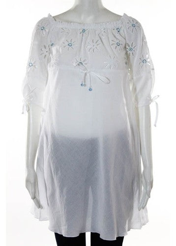 RAFFAELA DANGELO White Cotton Floral Beaded Detail Puff Sleeve Shift Dress Sz XS