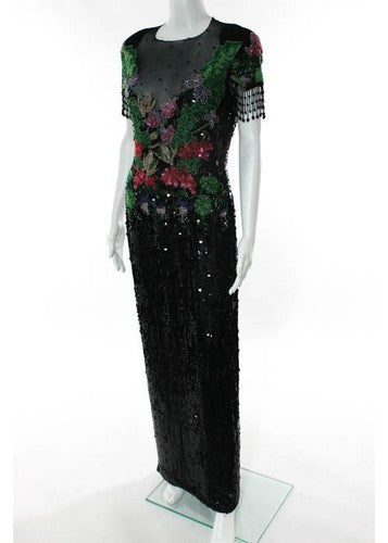 AMEN WENDY Black Silk Sequined Beaded Sheer Top Full Length Dress Sz 4