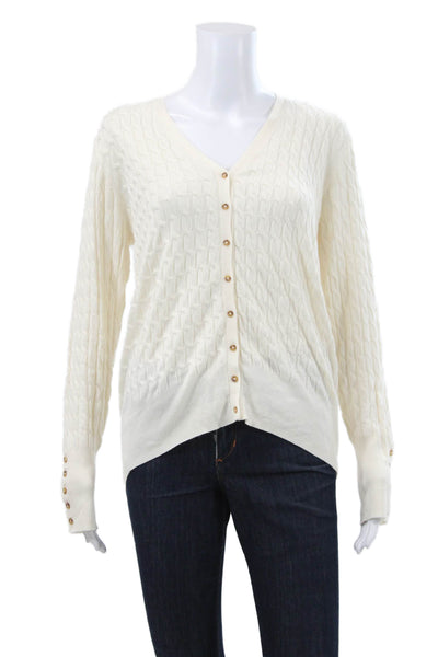Zara Womens Cardigan Ivory V Neck Viscose Blend Long Sleeve Solid Fall Size L