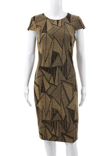 Vince Camuto Women Sheath Dress Gold Knee Length Zip Round Neck Size 6