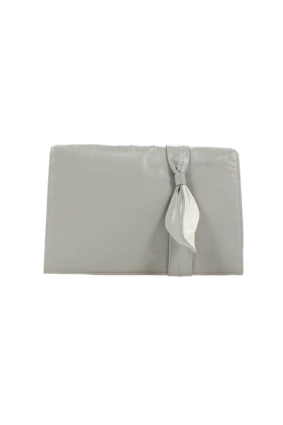 Halston Womens Leather Button Closure Clutch Handbag Grey White