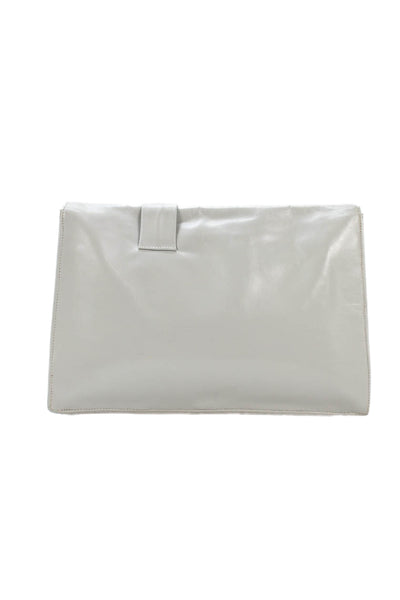 Halston Womens Leather Button Closure Clutch Handbag Grey White