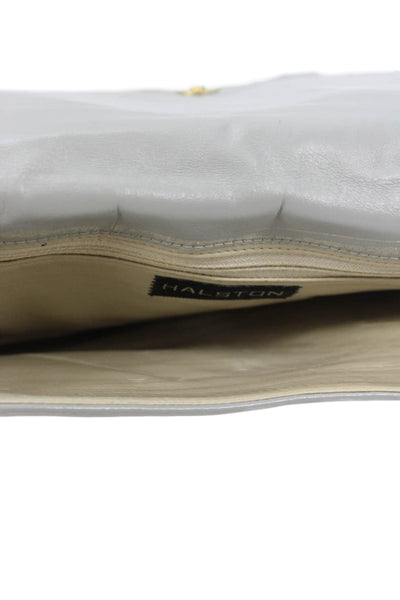 Halston Womens Leather Button Closure Clutch Handbag Grey White