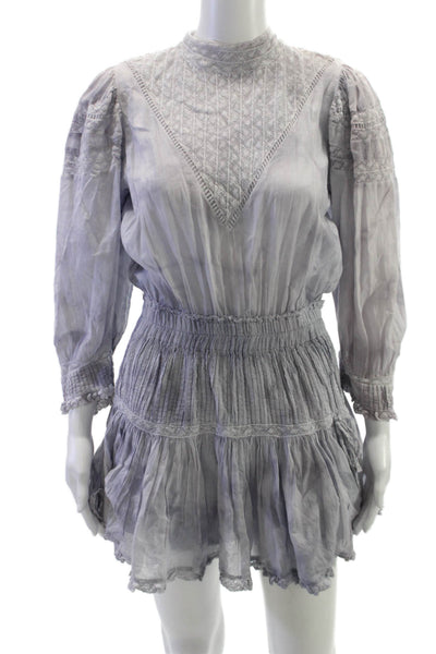 Love Shack Fancy Women Mini Dress Gray Cotton Long Sleeve High Neck Size M