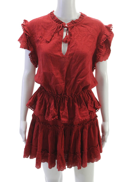 Misa Womens Mini Dress Red V Neck Short Sleeve Tie Rayon Size S