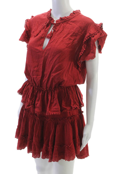 Misa Womens Mini Dress Red V Neck Short Sleeve Tie Rayon Size S
