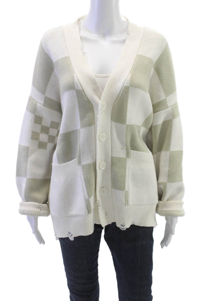 Five CM Women Cardigan White Check Cotton V Neck Long Sleeve Fall Size XS