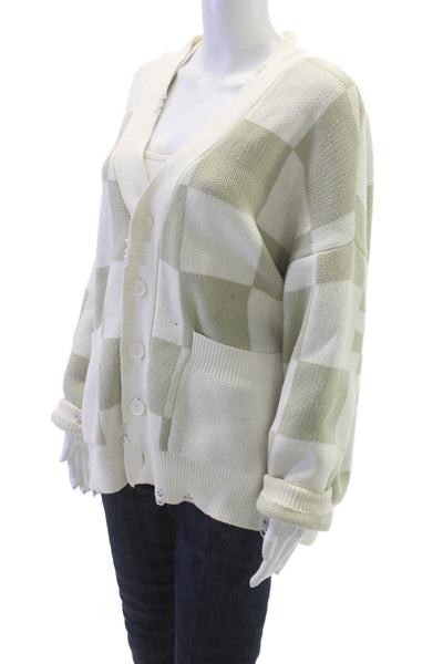 Five CM Women Cardigan White Check Cotton V Neck Long Sleeve Fall Size XS