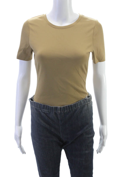 Good American Womens Basic Beige Crew Neck T Shirt Short Sleeve Nylon Size 3