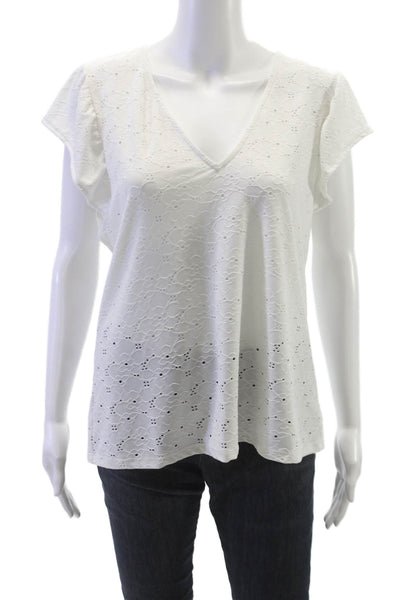 Michael Michael Kors Women Floral V-Neck Cap Sleeve Blouse White Size L