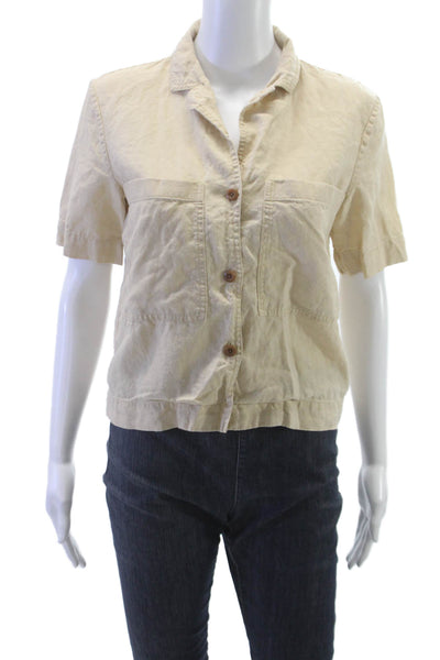 Everlane Women Cropped Linen Collared Button-Up Short Sleeve Beige Size 2XS