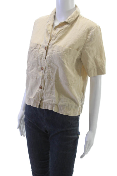 Everlane Women Cropped Linen Collared Button-Up Short Sleeve Beige Size 2XS