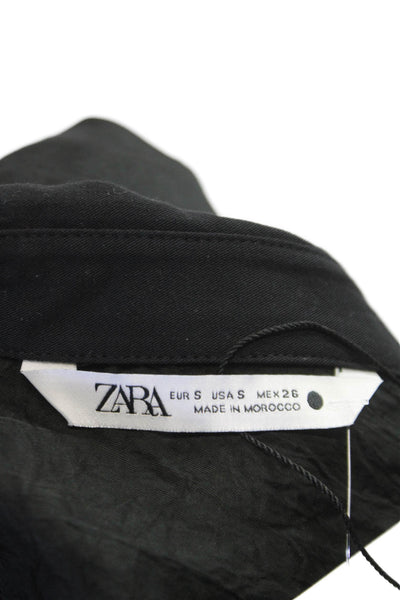 Zara Women Tunic Button Up Black Collared 100% Acetate Long Sleeve Size S