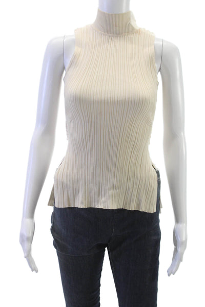 Meshki Women Tunic Tank Mock Neck Sleeveless Beige Viscose Buckle Size S