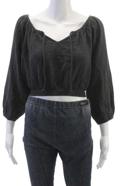 Marine Layer Women Cropped V Neck 3/4 Sleeve Gray Cotton Blouse Size S