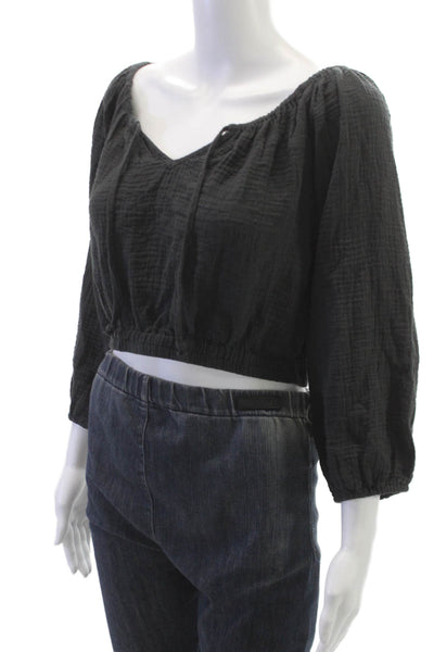 Marine Layer Women Cropped V Neck 3/4 Sleeve Gray Cotton Blouse Size S