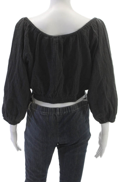 Marine Layer Women Cropped V Neck 3/4 Sleeve Gray Cotton Blouse Size S