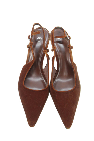 Zara Womens Stiletto Pointed Toe Velvet Slingback Pumps Brown Size 41